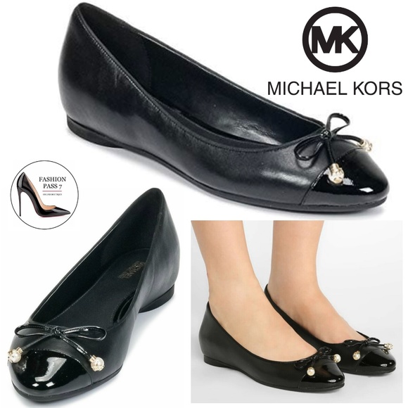 Michael Kors Shoes - MICHAEL KORS Gia Bow Pearl embellished Black Leather Ballet Flat Heel Shoes Pump
